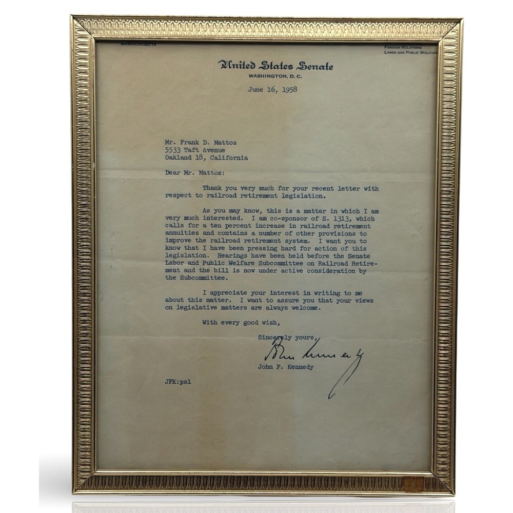 John F. Kennedy Signed Letter 1958 US Senate Railroad Retirement Framed JFK Rare